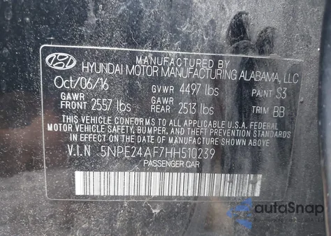 2017 Hyundai Sonata Se z USA, uszkodzony, nr VIN 5NPE24AF7HH510239